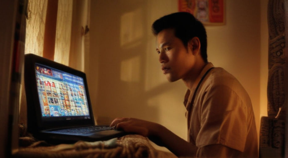 An Indonesian man navigates through an online slots gambling game on his laptop