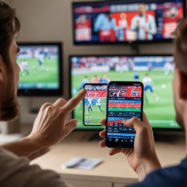 A person excitedly checks live betting results on a smartphone, cheering in front of a TV showing a sports match.