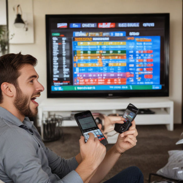A man excitedly watching a sports event on TV with betting slips and a phone nearby.