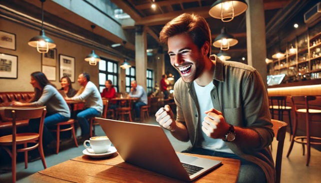 A man sitting in a cozy café, smiling while looking at his laptop screen, appearing excited as if he just won a big game.