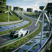 A futuristic, eco-friendly race car with a green glow is driving on a racetrack made of a combination of asphalt, solar panels, and wind turbines.
