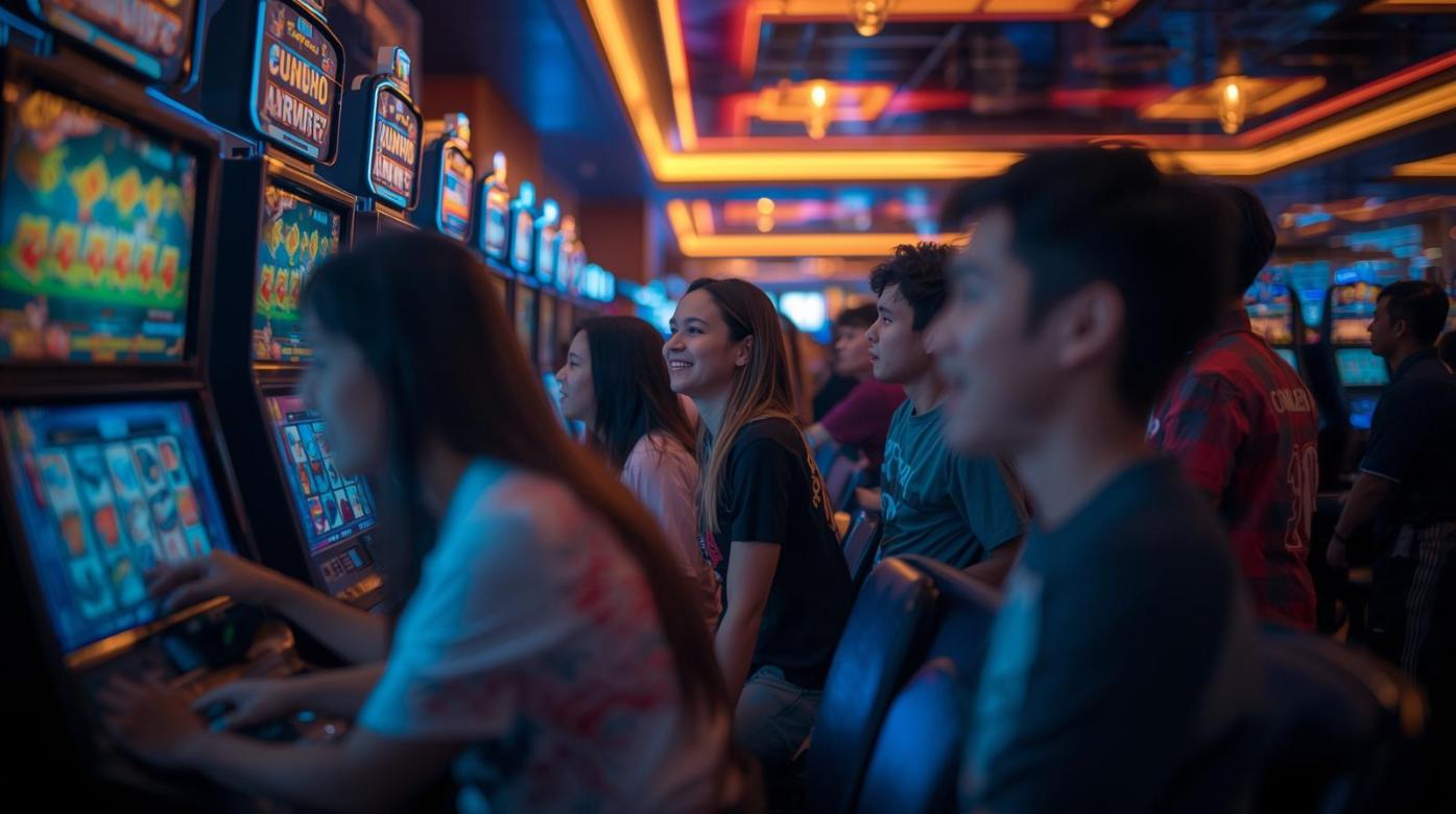 Young Malaysian adults playing slot machines in a lively casino with sports jerseys.