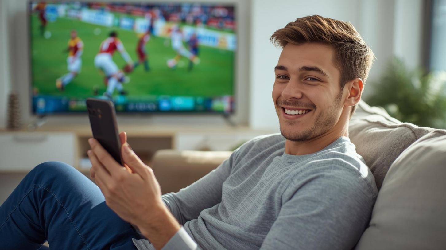 Smiling sports fan using smartphone, celebrating online baccarat win beside blurred sports broadcast.