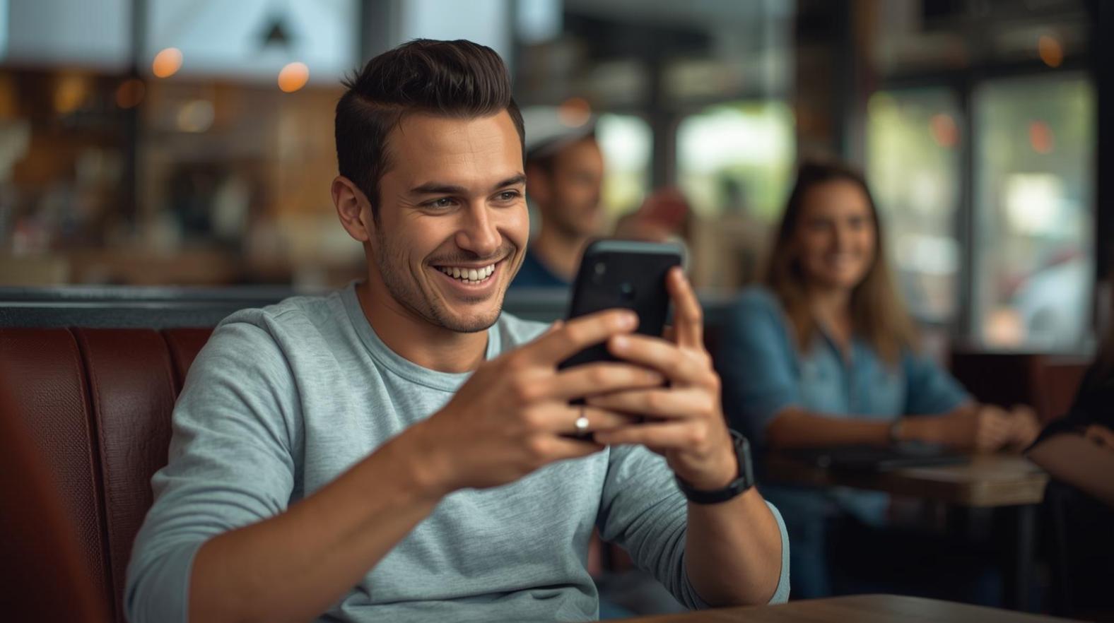 Brazilian football fan enjoying live match moments while using smartphone indoors happily.
