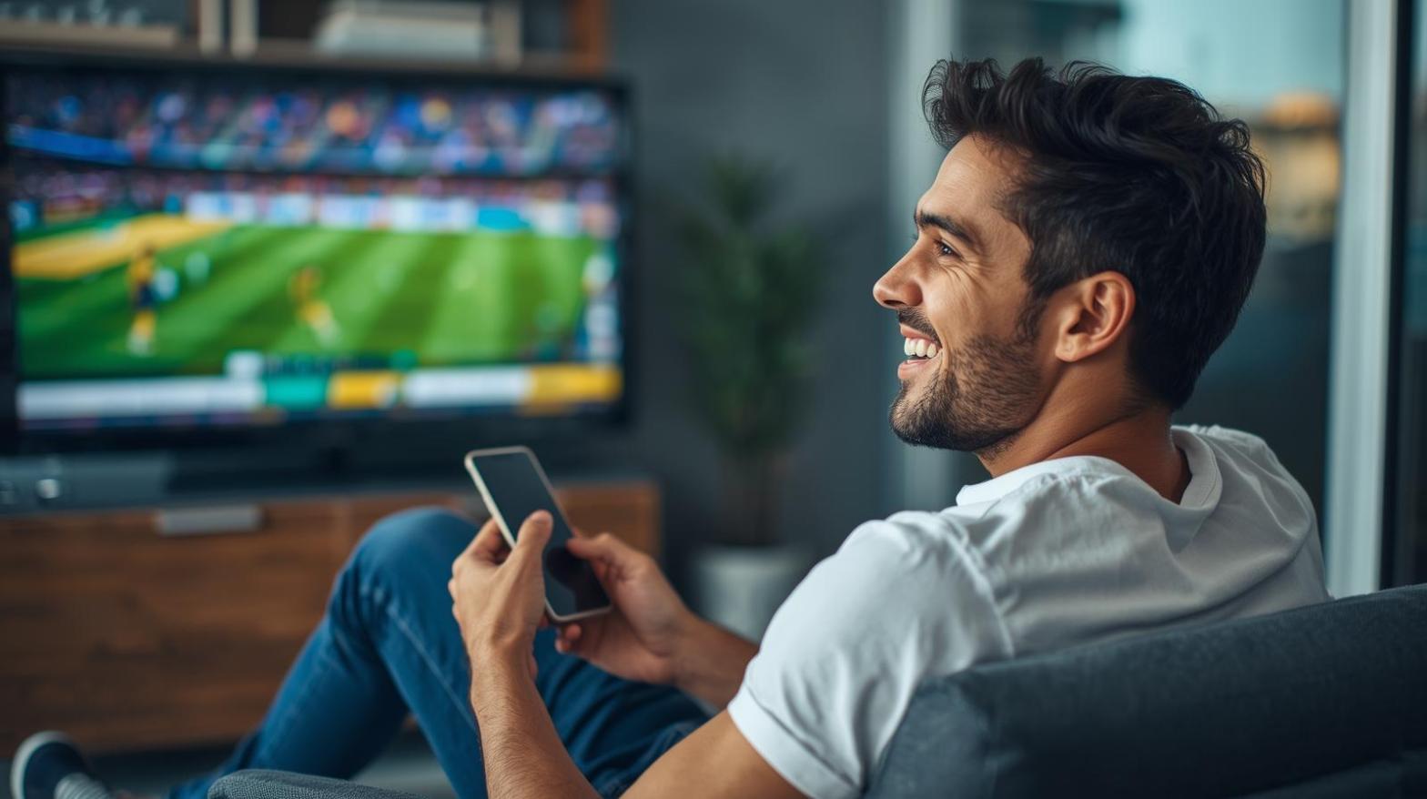 Brazilian sports fan enjoying live match while casually using a betting app