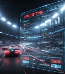 A dynamic race track with cars in motion, live betting overlay graphics, charts showing driver stats, high-speed racing action under bright stadium lights.