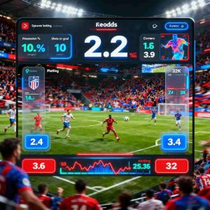 A live sports betting interface showing a football match in progress, dynamic odds changing in real time, data stats overlay, energetic stadium
