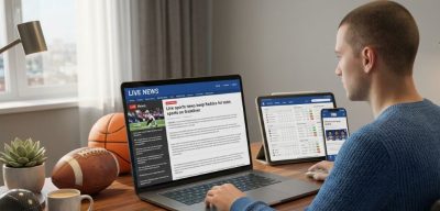 a sports bettor reading live sports news on a laptop while checking team statistics on a tablet